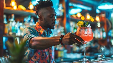 AfricanAmerican bartender preparing cocktails at the bar at an afrobeats event Nightlife partying and bartending Style : Generative AI
