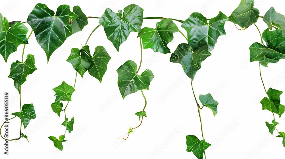 Poster Green leaves Javanese treebine or Grape ivy Cissus spp jungle vine hanging ivy plant bush isolated on white background with clipping path : Generative AI