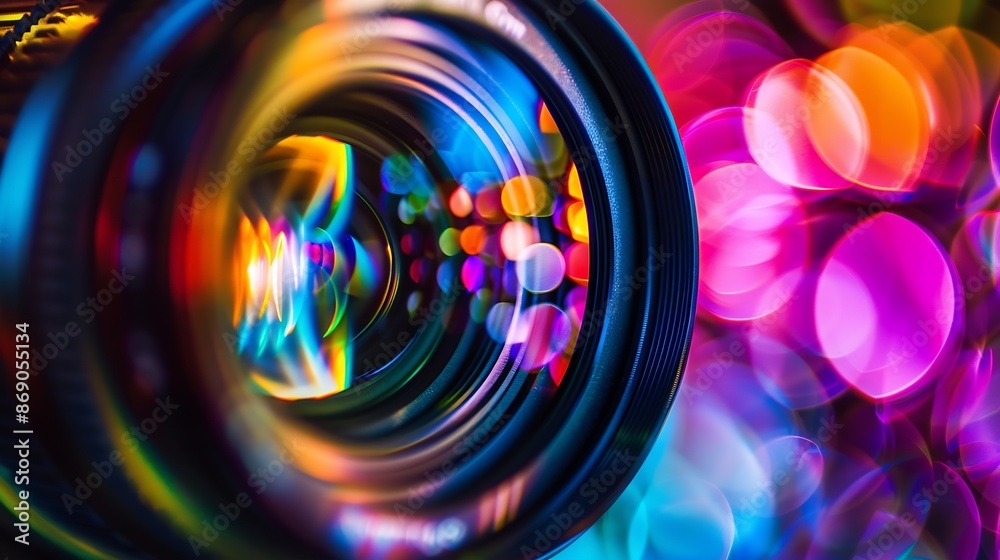 Aufkleber Close up Beautiful camera lens with multi colored light Background pattern for design : Generative AI