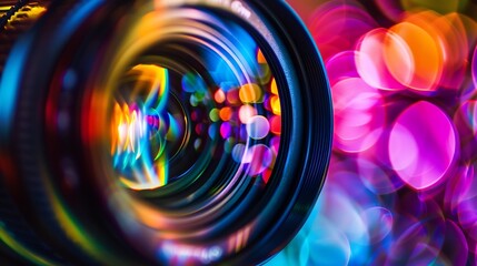 Close up Beautiful camera lens with multi colored light Background pattern for design : Generative AI