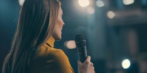 A woman wearing a yellow blouse stands with a microphone in hand, talking on stage with a blurred background featuring muted indoor lighting and other unfocused elements.