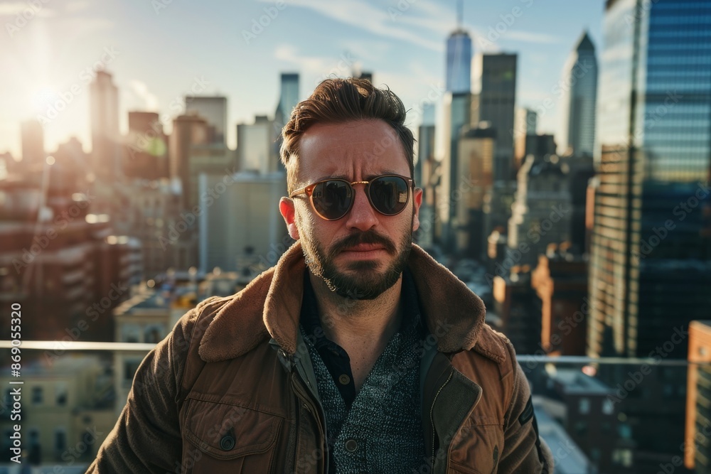 Poster Portrait of stylish man in front of urban skyline