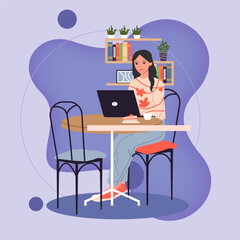 Young woman working on laptop at cafe vector illustration. Interior with bookshelves and plants. Work, daily routine, cafe concept