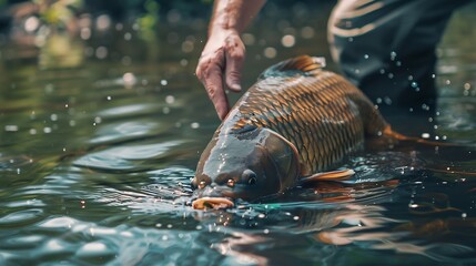Carpfishing session at the LakeLarge carp fish being released back into the lake water after being caughtFishing adventuresCatch and release sport fish : Generative AI