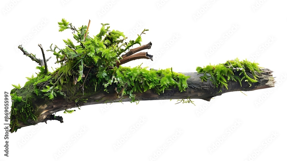 Poster green moss on rotten branch isolated on white side view : generative ai
