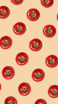 Rotating fresh red tomatoes pattern on a beige background, perfect for summer recipes, culinary blogs, and harvest festival designs