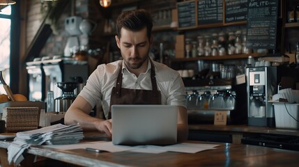 Fototapeta premium Attractive barista male or employee concentrate on stacks of tax declaration bills restaurant owner using laptop for bookkeeping control payment multitask small business lifestyle doin : Generative AI