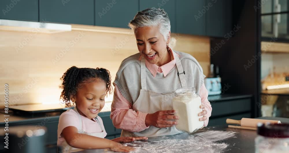 Wall mural Girl, grandmother and baking in kitchen in home, bonding and teaching culinary skills with family in house. Happy, education and preparing flour on table, excited and child development in apartment