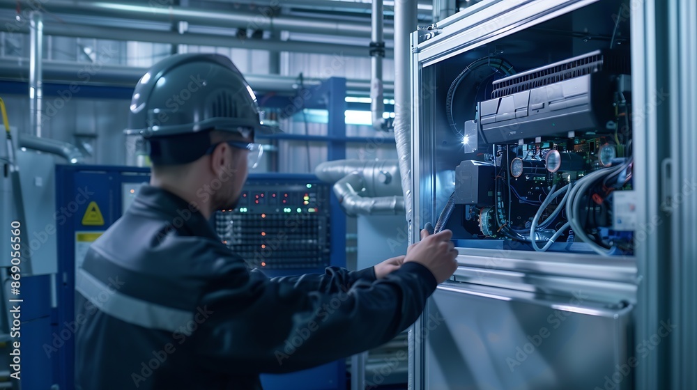 Aufkleber Engineer uploading cooling system operation data to cloud computing system which modern industrial machines can operated controlled remotely via virtual interface IoT and modern indust : Generative AI
