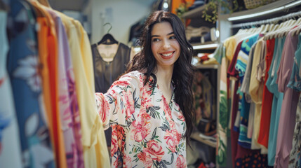 Smiling woman in floral dress browsing clothing store aisles