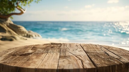 Fototapeta premium Aged wooden pedestal with free space and blurred summer beach landscape as background : Generative AI