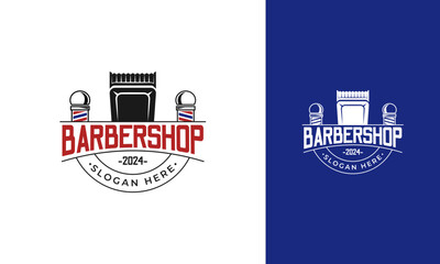 Shaver logo design. Barbershop symbol with shaver and barber pole icon