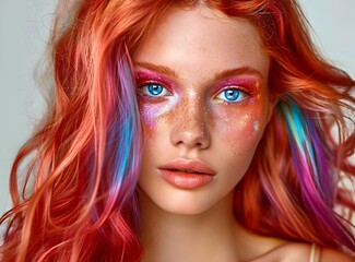 Portrait of a young woman with red hair and blue eyes
