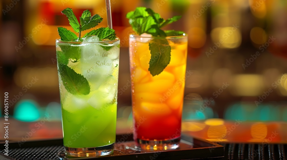 Poster Two vibrant cocktails adorned with mint leaves rest on a tray in an elegant softly lit bar setting One is a green mojito the other a reddishorange concoction both served in longstemmed : Generative AI