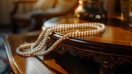 Elegant Pearl Necklaces on Dressing Table with Beauty Products and Accessories