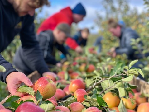 Team building activity in an apple orchard, picking apples, Autumn Business, Fun and interactive outdoor corporate event