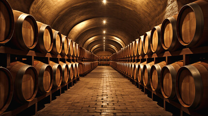 Wine cellar with wine barrels, modern and clean with oak barrels for aging and transport.