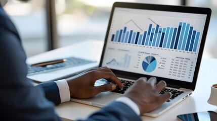 Close-up of a businessman analyzing financial data on a laptop., clean background, Photo stock style, clean background, no copyrighted logo, no letters