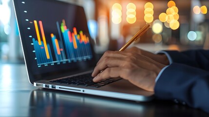 Close-up of a businessman analyzing financial data on a laptop., clean background, Photo stock style, clean background, no copyrighted logo, no letters