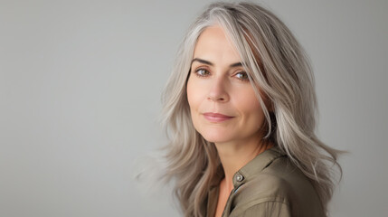 Fototapeta premium Medium shot studio portrait of a gorgeous 45-year-old woman with shoulder-length grey hair and wrinkles, set against a light grey background. Elegant and natural beauty.