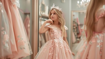 Fototapeta premium Little girl princess tries on a dress and a crown in a boutique in front of a mirror Childrens fashion for special occasions Lush pale pink dress made to order : Generative AI