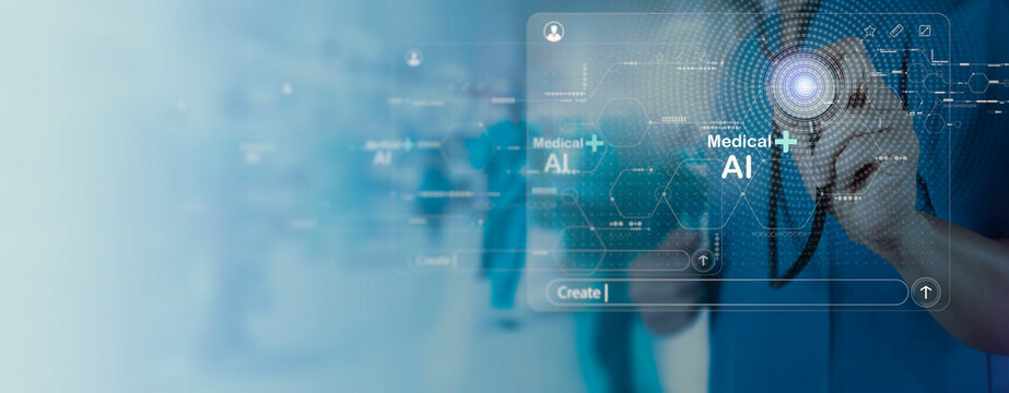 A healthcare professional uses a digital interface to interact with AI technology for medical diagnosis. The screen displays various medical data and icons, symbolizing the integration of AI