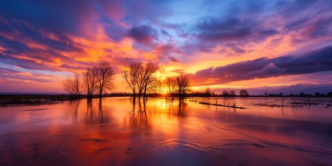 dramatic sunset over a flooded landscape, where trees stand in still water, creating a serene yet eerie atmosphere