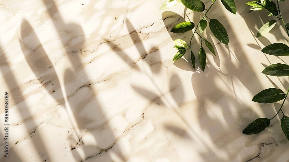 Poster Abstract empty marble board with shadows and green leaves on a beige background Layout concept for promotional product presentation sale or cosmetics display Front view and copy space : Generative AI