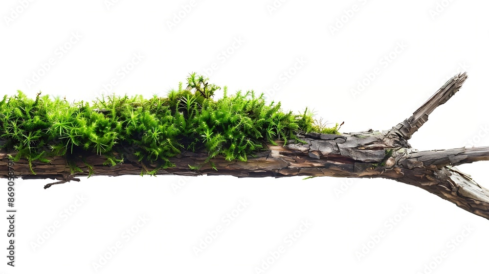 Poster fresh green moss on rotten branch isolated on white side view : generative ai