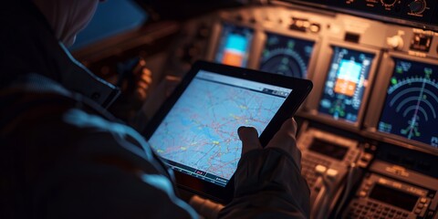 This image shows a pilot utilizing a tablet for navigation in the cockpit of an aircraft, highlighting the integration of digital technology and traditional controls in modern aviation.