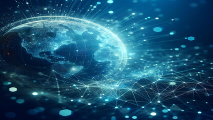 Blue abstract background with network grid and particles