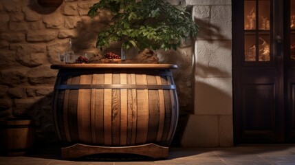 Naklejka premium Wine cellar with wine barrels, modern and clean with oak barrels for aging and transport.
