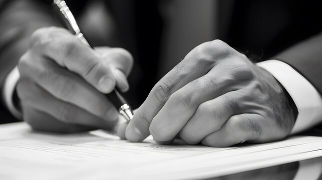 Close-up of a businessman's hand signing a contract., clean background, Photo stock style, clean background, no copyrighted logo, no letters