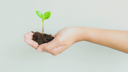 Hand holds fertile soil with small green plant on light surface. Emphasizes small actions' impact, perfect for World Day to Combat Desertification and Drought.

