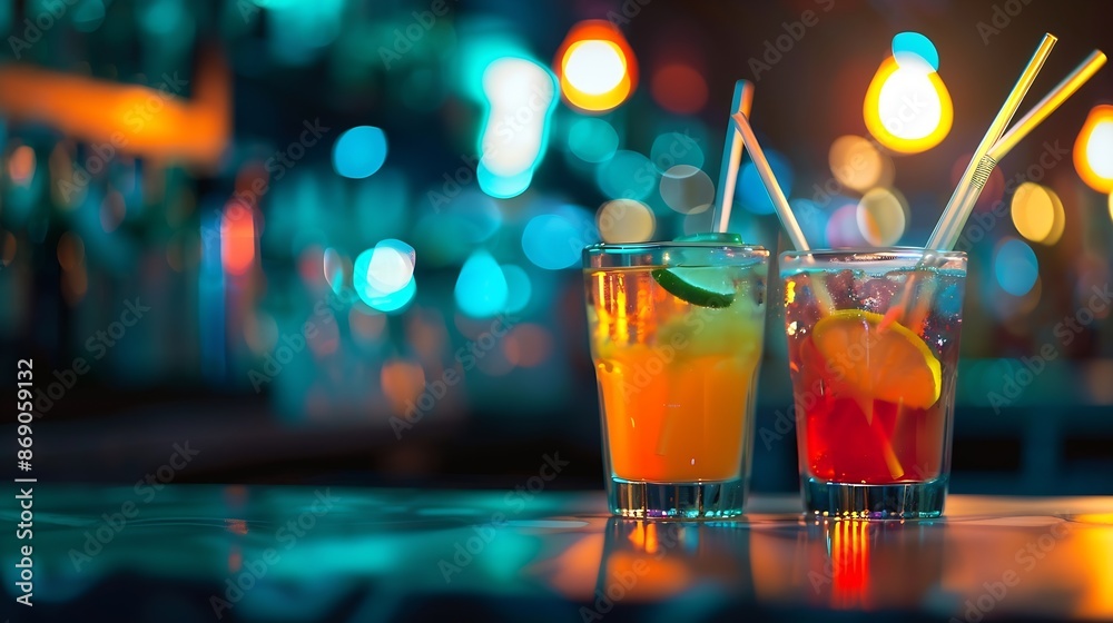 Poster cocktail drinks served in glasses with drinking straws on top counter bar : generative ai