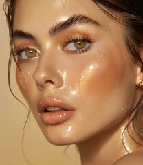 Close-up portrait of a beautiful young woman with wet skin