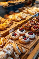 Professional Photography of a variety of pastries. Displayed on a wooden table in the shop, Generative AI