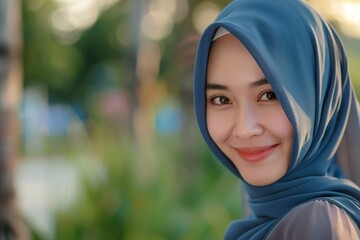 Portrait of Young Asian Muslim woman wearing hijab smiling to the camera