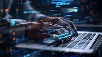 Digital technology concept Man programmer working on laptop for big data management computer code on futuristic virtual interface screen data mining digital software development : Generative AI