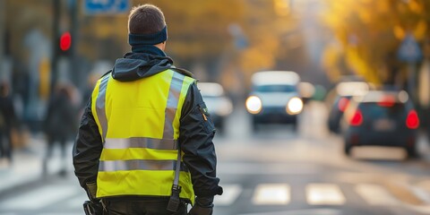 Rear view of a police officer in a yellow reflective vest managing traffic on a bustling city street, highlighting control, authority, and coordination in an urban environment.