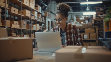 Young entrepreneur woman working in her ecommerce store she is smiling and typing on a laptop delivery boxes in the background : Generative AI