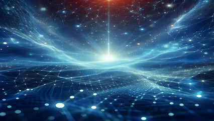 Fototapeta premium Blue abstract background with network grid and particles