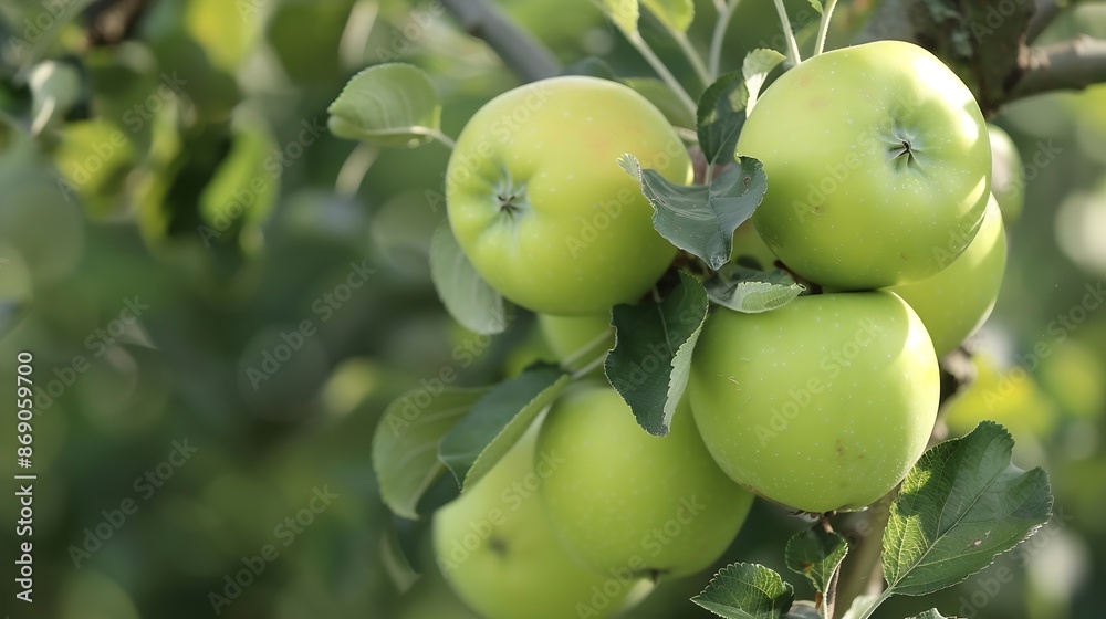 Poster apple orchard with an unripe harvest of green apples apple orchard with a harvest of apple fruits in
