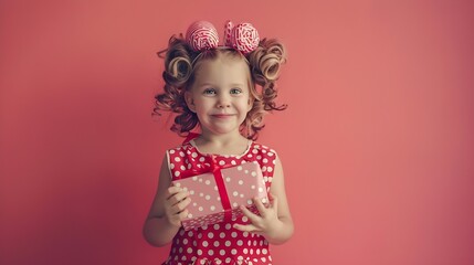 Fototapeta premium A funny little fashionista girl emotionally poses in an elegant polkadot dress with curlers on her head and with a gift box in her hands Pinup style Childrens fashion : Generative AI