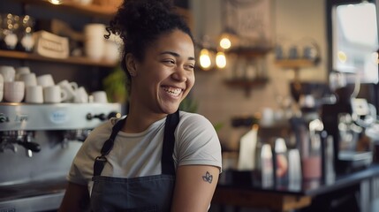 Fototapeta premium Young biracial woman smiles joyfully in a cafe setting her apron suggests she may be a barista or a small business owner at work : Generative AI