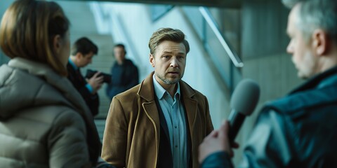 A man in a brown jacket is being interviewed by the press indoors, with journalists and cameras capturing the conversation in a professional setting.