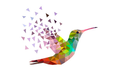 Colorful flying hummingbird made of triangular shapes with scattered wing