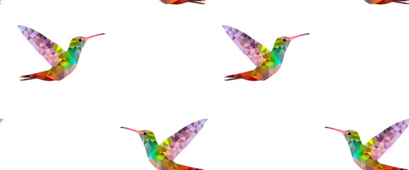 Seamless pattern with colorful flying hummingbirds made of triangular shapes