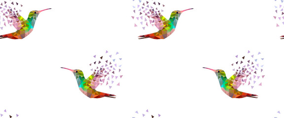 Seamless pattern with colorful flying hummingbirds made of triangular shapes with scattered wing © Галина Бойко