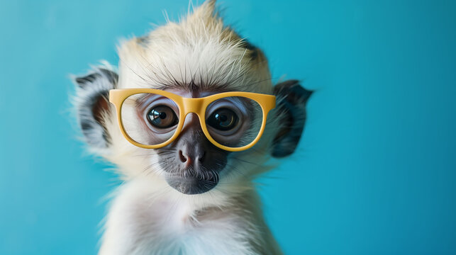 Cute animals donning glasses, posing with hilarious expressions against a bright blue backdrop